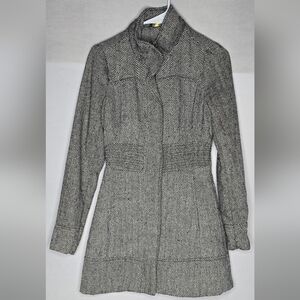 Women's Black and White Bee Stitched Herringbone Tweed Coat Small
